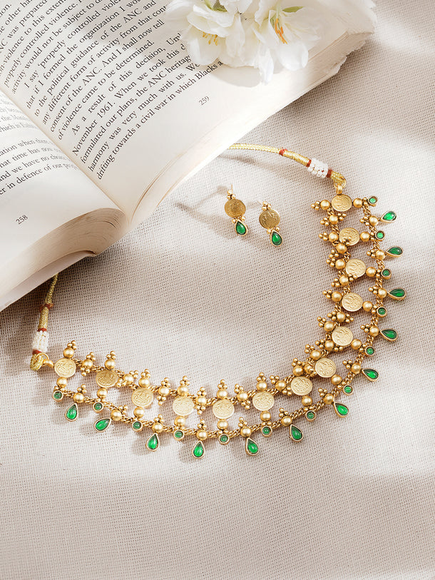 Gold Plated Green Drop Choker Necklace Set
