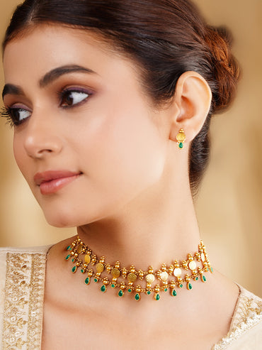 Gold Plated Green Drop Choker Necklace Set