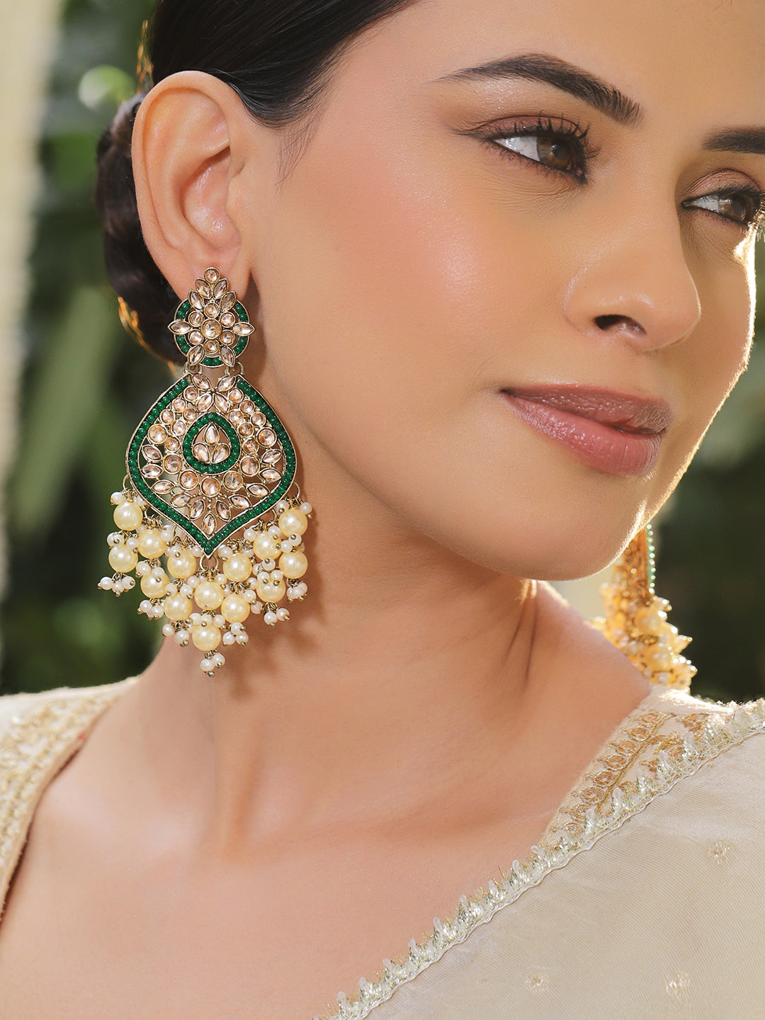 Festive Shine Pearls & Green Kundan Danglers