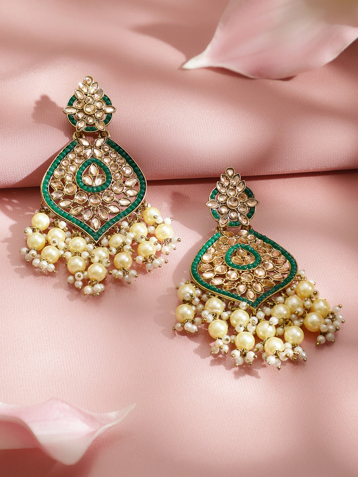 Festive Shine Pearls & Green Kundan Danglers