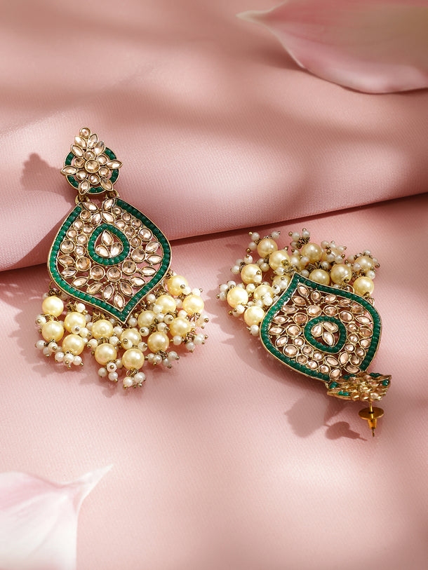 Festive Shine Pearls & Green Kundan Danglers