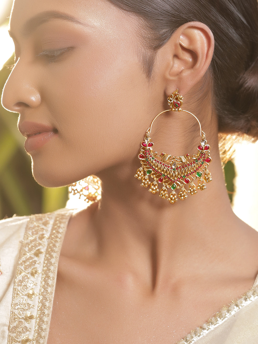 Rubans 22K Gold-Plated Stones Studded & Ghungroo Beaded Peacock Shaped Drop Earrings