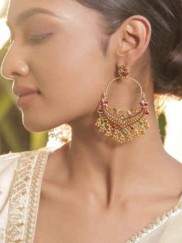 Rubans 22K Gold-Plated Stones Studded & Ghungroo Beaded Peacock Shaped Drop Earrings