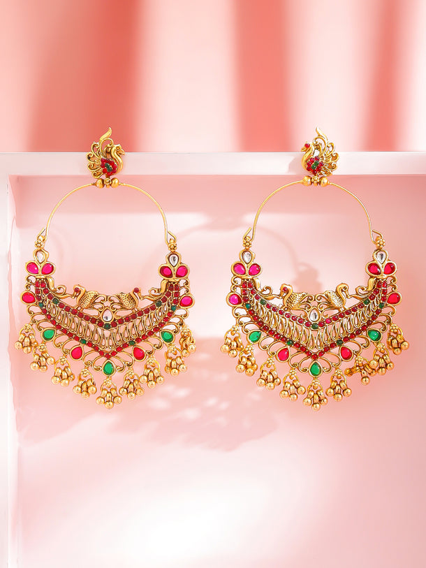 Rubans 22K Gold-Plated Stones Studded & Ghungroo Beaded Peacock Shaped Drop Earrings