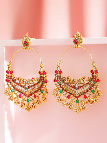 Rubans 22K Gold-Plated Stones Studded & Ghungroo Beaded Peacock Shaped Drop Earrings