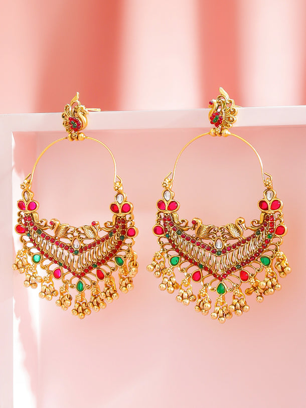 Rubans 22K Gold-Plated Stones Studded & Ghungroo Beaded Peacock Shaped Drop Earrings