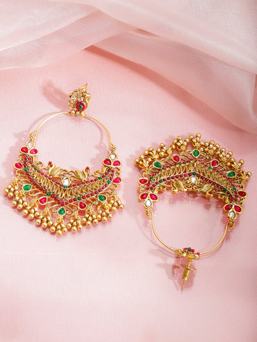 Rubans 22K Gold-Plated Stones Studded & Ghungroo Beaded Peacock Shaped Drop Earrings