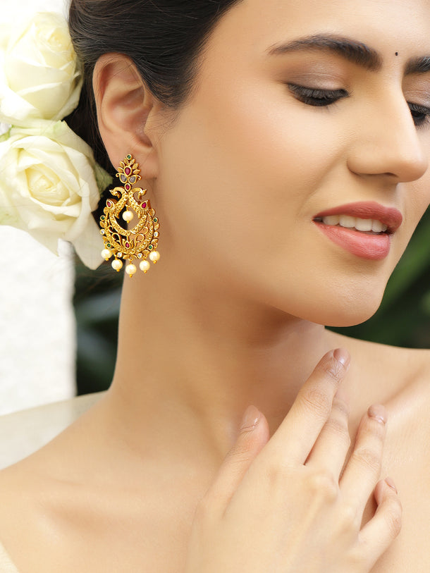 Multicolor Studded Pearl Drop Gold Dangler Earrings