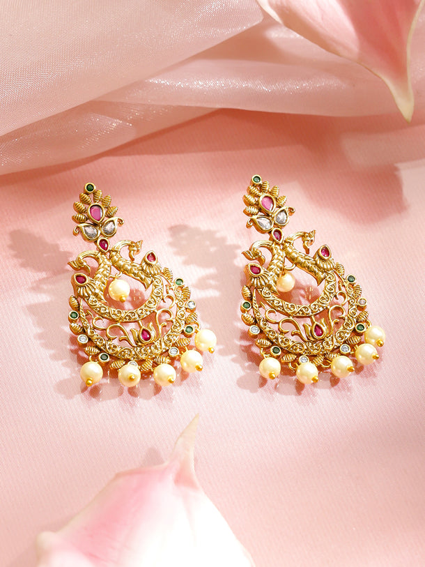 Multicolor Studded Pearl Drop Gold Dangler Earrings