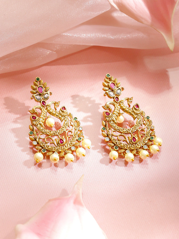 Rubans 18K Gold-Plated Ruby, Emerald & White Stone Studded Pearl Drops Chandbali Earrings