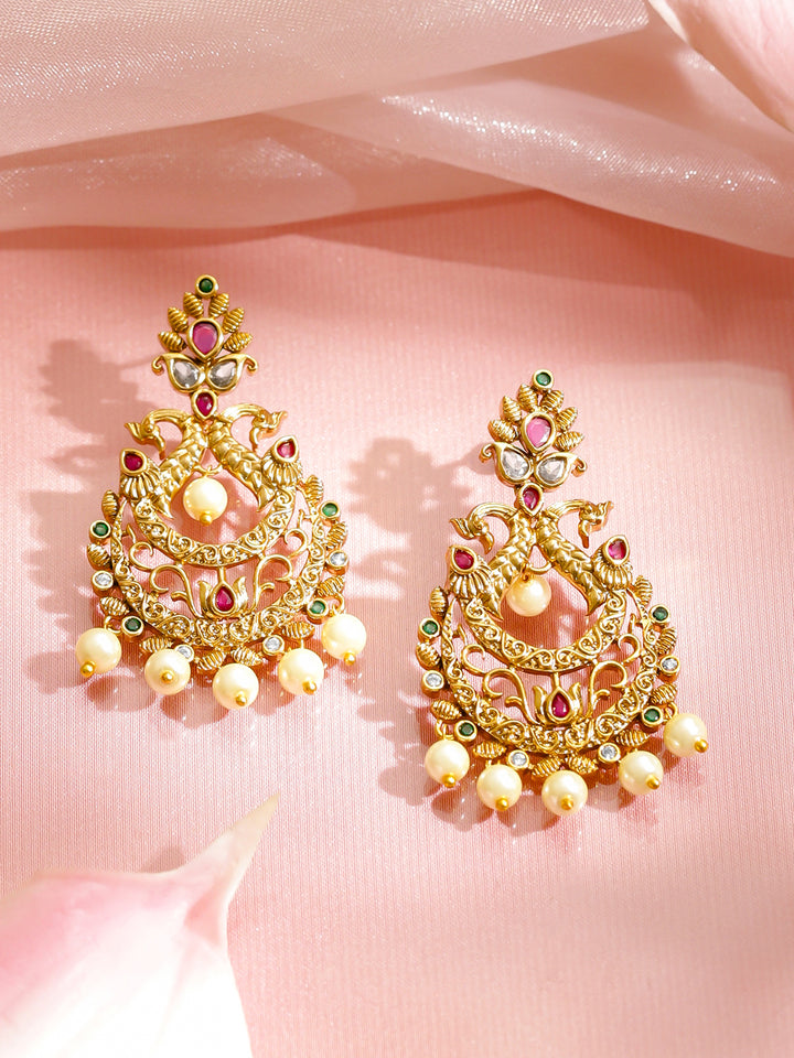 Rubans 18K Gold-Plated Ruby, Emerald & White Stone Studded Pearl Drops Chandbali Earrings
