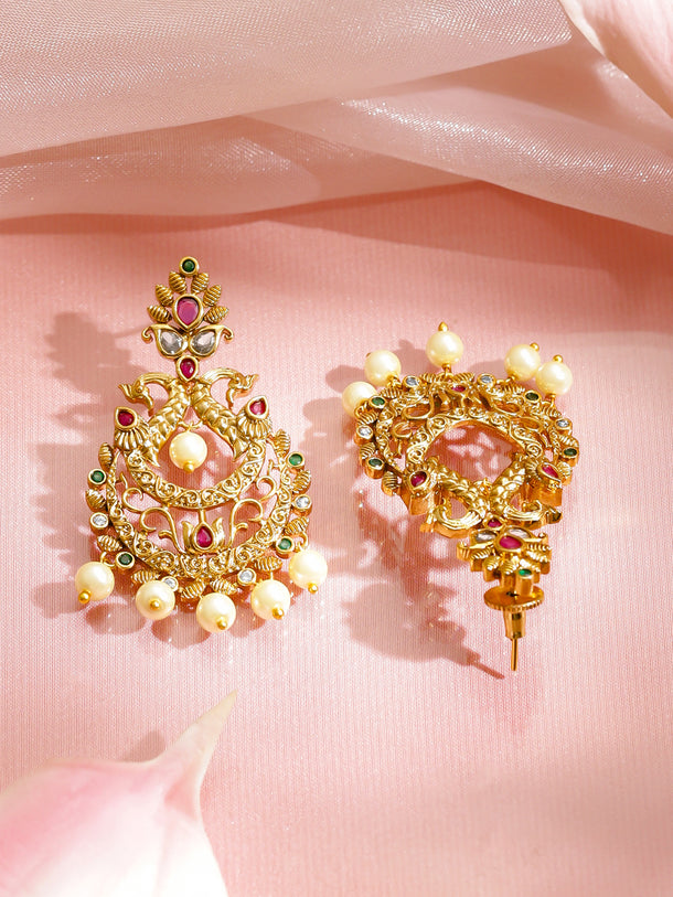 Multicolor Studded Pearl Drop Gold Dangler Earrings