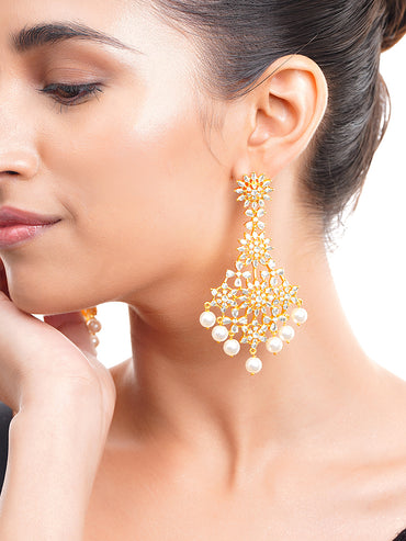 Gold Plated Pearl Drop American Diamond Zirconia Dangler Earrings