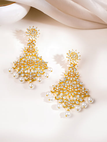 Gold Plated Pearl Drop American Diamond Zirconia Dangler Earrings