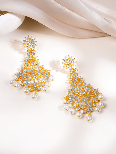Gold Plated Pearl Drop American Diamond Zirconia Dangler Earrings