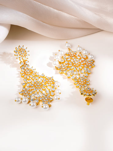 Gold Plated Pearl Drop American Diamond Zirconia Dangler Earrings