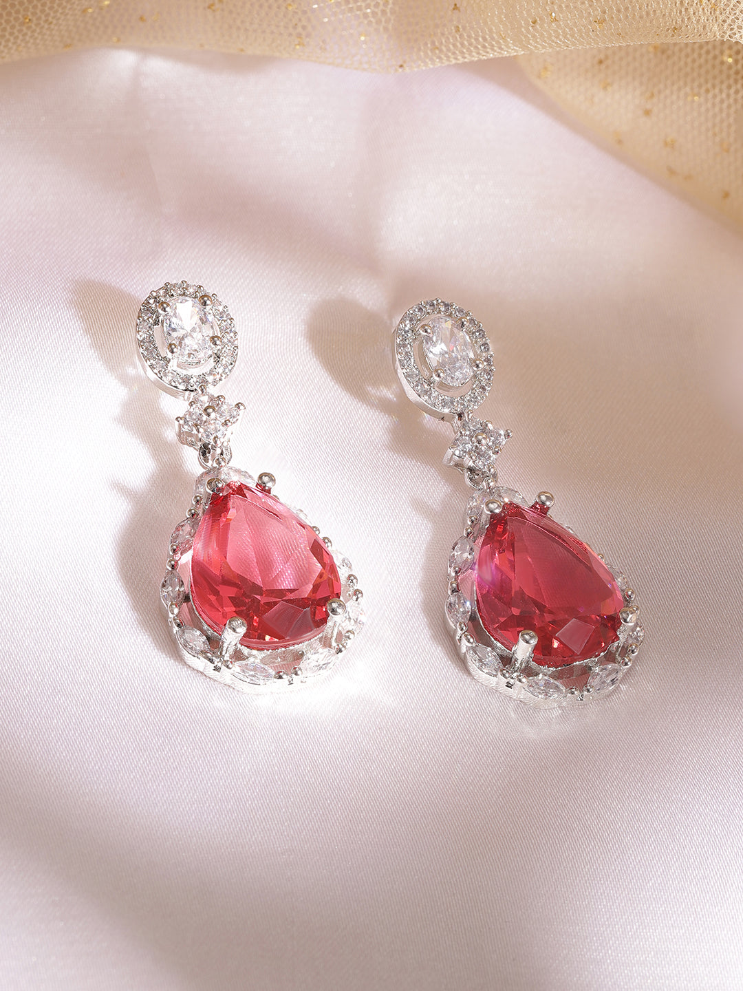 Rubans Rhodium Plated Ruby Studded Zirconia Embellished Teardrop Earrings