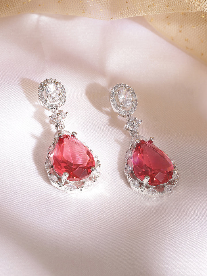 Rubans Rhodium Plated Ruby Studded Zirconia Embellished Teardrop Earrings
