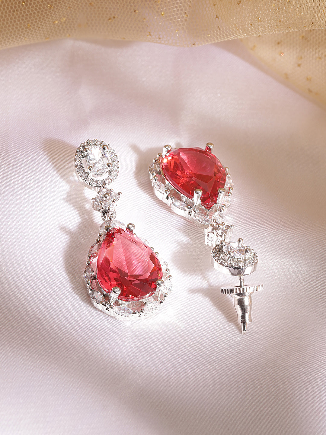 Rubans Rhodium Plated Ruby Studded Zirconia Embellished Teardrop Earrings