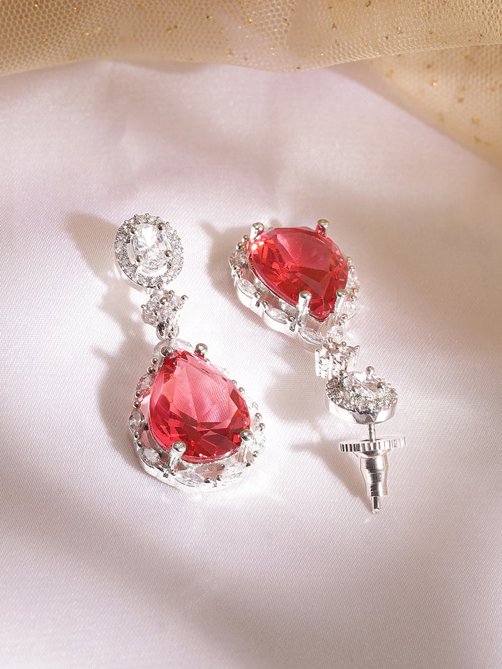 Rubans Rhodium Plated Ruby Studded Zirconia Embellished Teardrop Earrings