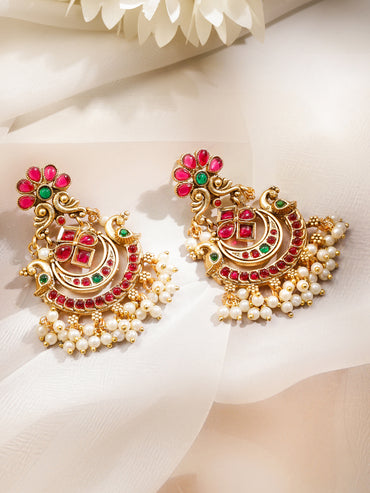 Gold Toned Pink Studded Pearl Drop Chandbalis