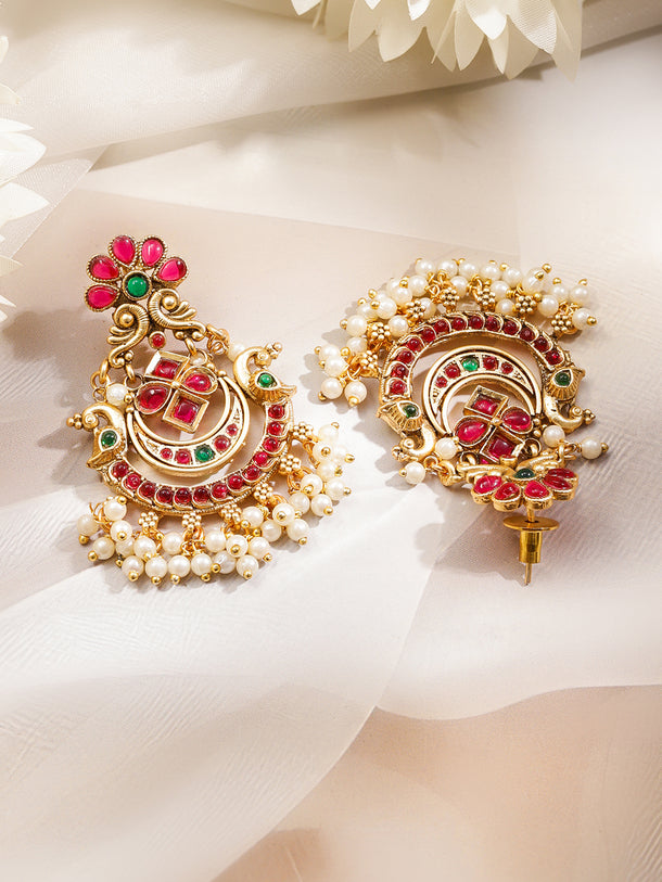 Gold Toned Pink Studded Pearl Drop Chandbalis