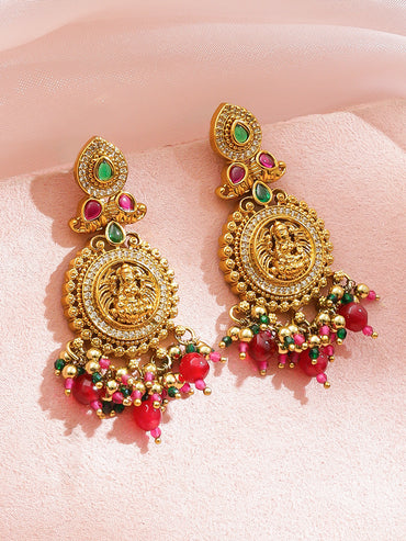 Laxmi Motif Pink Beaded Gold Toned Earrings