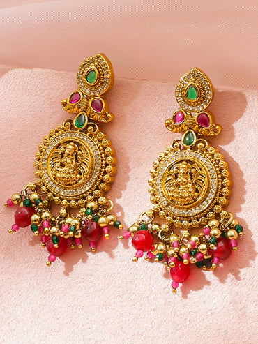 Laxmi Motif Pink Beaded Gold Toned Earrings