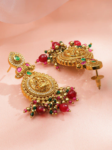 Laxmi Motif Pink Beaded Gold Toned Earrings