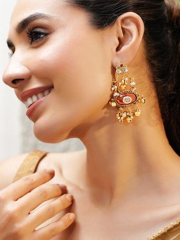 Pink Studded Gold Toned Kashmiri Dangler Earrings