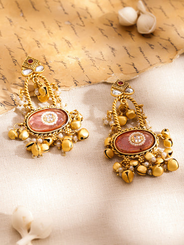 Pink Studded Gold Toned Kashmiri Dangler Earrings