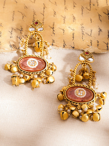 Pink Studded Gold Toned Kashmiri Dangler Earrings