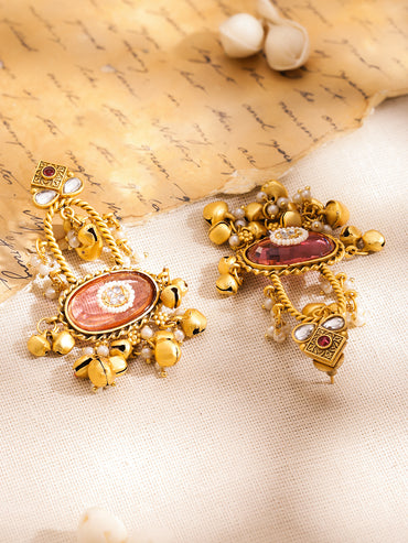 Pink Studded Gold Toned Kashmiri Dangler Earrings