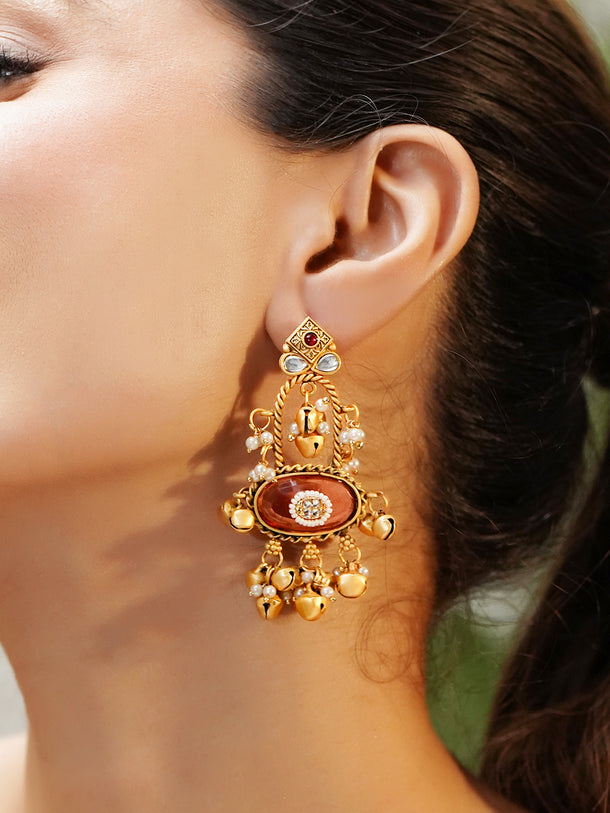 Pink Studded Gold Toned Kashmiri Dangler Earrings