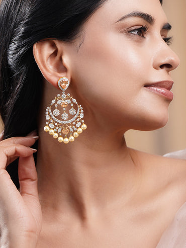 Gold Plated Champagne Zirconia Pearl Chandelier Earrings
