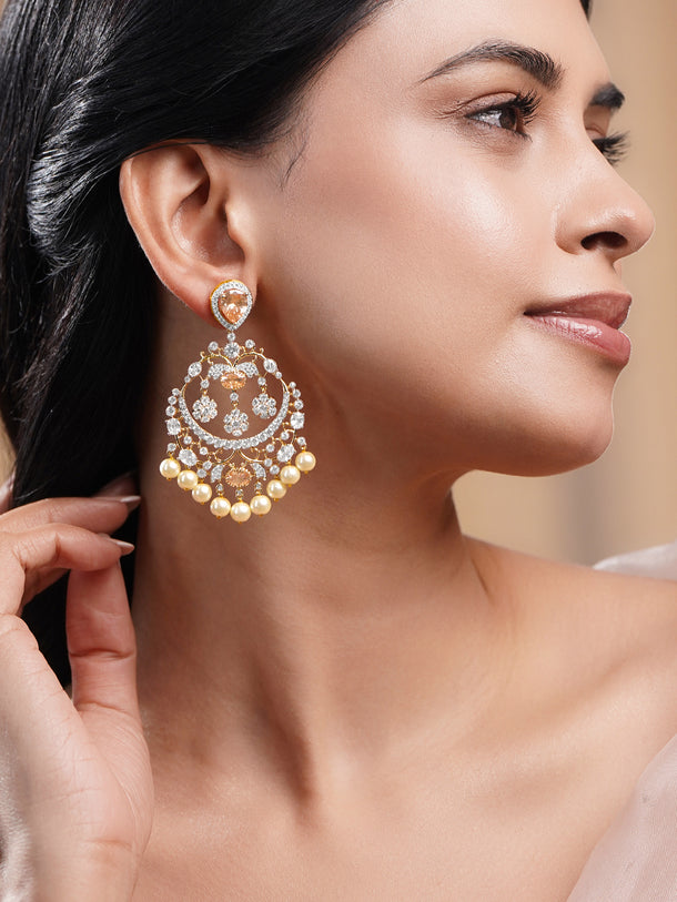 Gold Plated Champagne Zirconia Pearl Chandelier Earrings