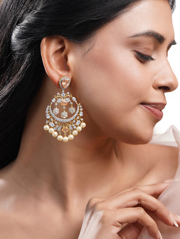 Gold Plated Champagne Zirconia Pearl Chandelier Earrings
