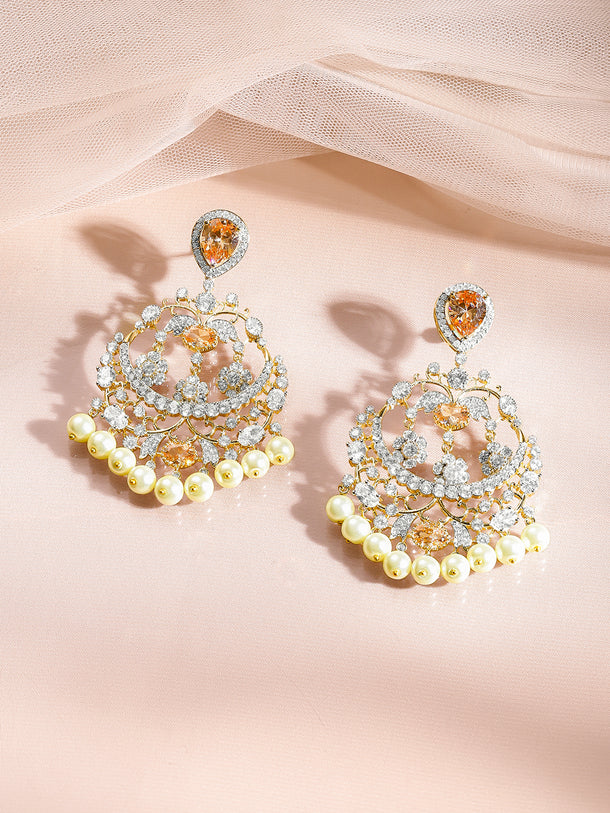 Gold Plated Champagne Zirconia Pearl Chandelier Earrings