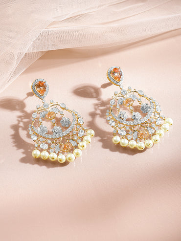 Gold Plated Champagne Zirconia Pearl Chandelier Earrings