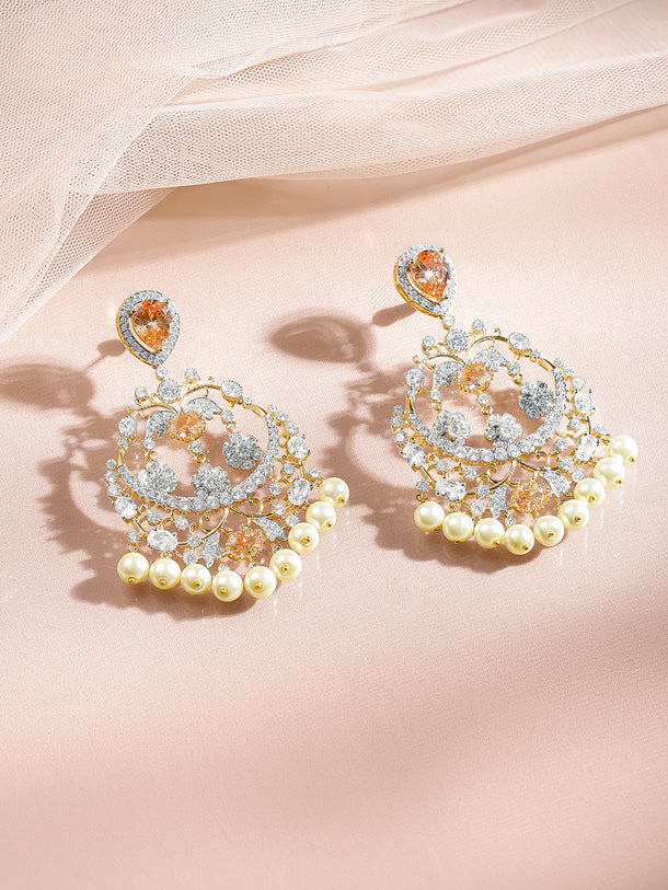 Gold Plated Champagne Zirconia Pearl Chandelier Earrings