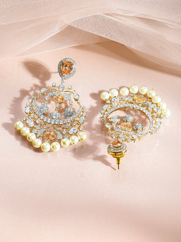 Gold Plated Champagne Zirconia Pearl Chandelier Earrings