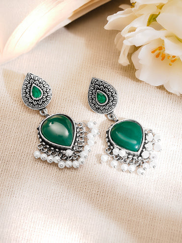 Oxidised Silver Tone Brass Emerald Green Pearl Drop Earrings