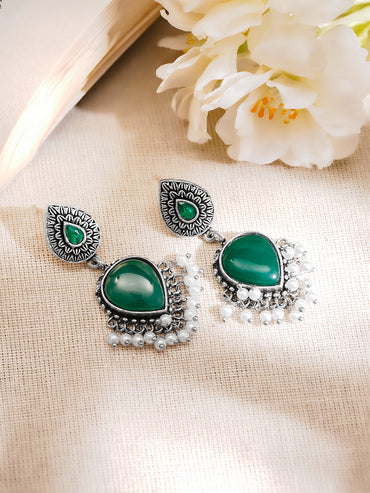 Oxidised Silver Tone Brass Emerald Green Pearl Drop Earrings