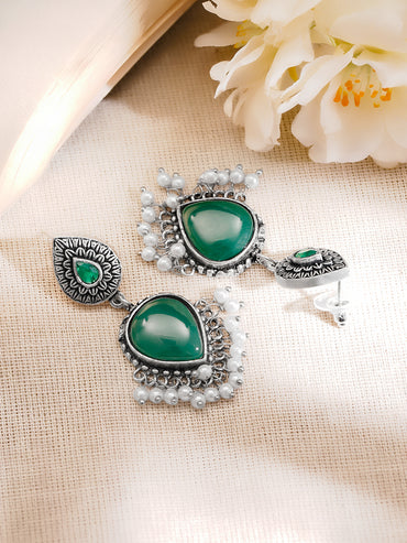 Oxidised Silver Tone Brass Emerald Green Pearl Drop Earrings