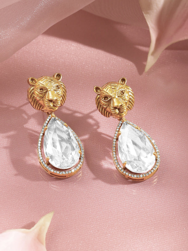 Gold Plated Lion Motif Crystal Teardrop Drop Earrings