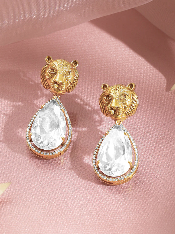 Gold Plated Lion Motif Crystal Teardrop Drop Earrings