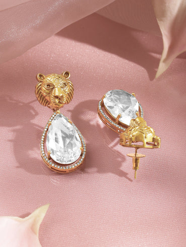 Gold Plated Lion Motif Crystal Teardrop Drop Earrings