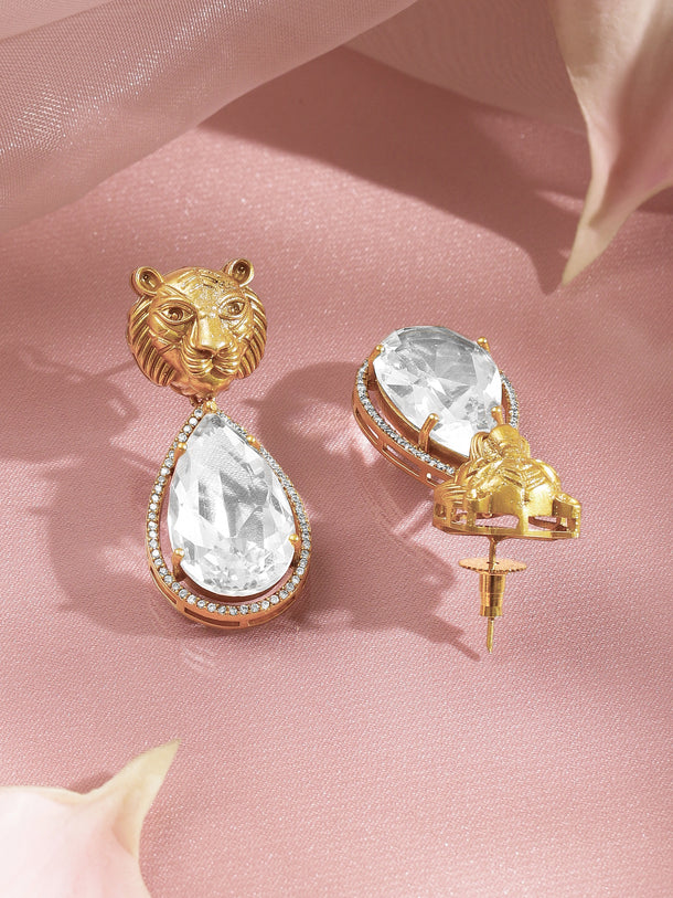 Gold Plated Lion Motif Crystal Teardrop Drop Earrings