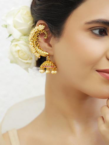 Pearl Embellished Pink Studded Ear Cuff Jhumkas