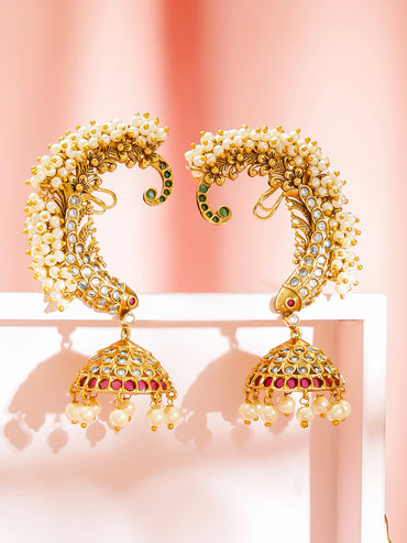 Pearl Embellished Pink Studded Ear Cuff Jhumkas